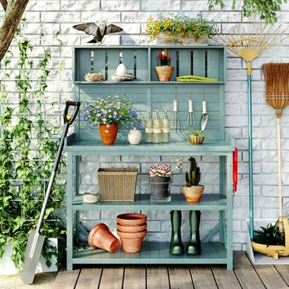 65" Large Wooden Farmhouse Rustic Outdoor Potting Bench Table, Patio Workstation, Garden Potting Bench with 4 Storage Shelves and Side Hook,Green