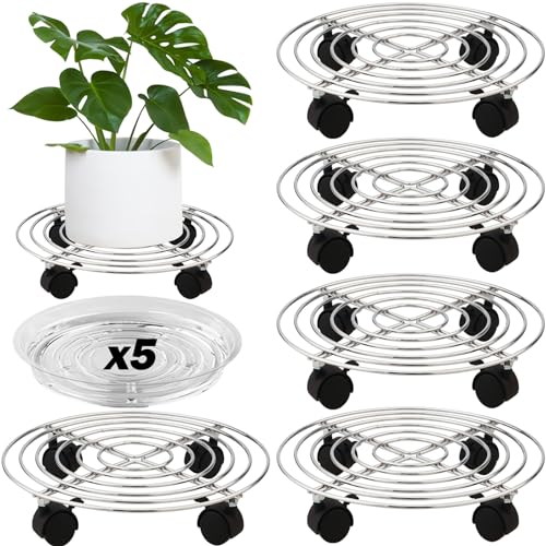 5 Packs Metal Plant Caddy with Wheels 11.8” Heavy-duty Rolling Stand Wheeled Dolly Indoor Outdoor Planter Mover Rollers, Flower Pot Coaster Trolley, Silver - color: Bright silver
