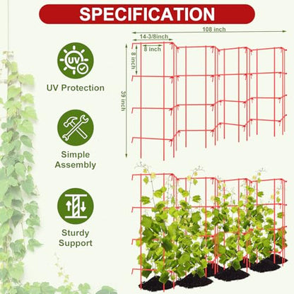 Blulu Sturdy Expandable Tall Pea Trellis Panel Folding Garden Trellis for Climbing Plants 9' x 39" H Multi Use Heavy Duty Outdoor Garden Peas Tomato Cucumber Steel Plant Support Red W/ 8" Grids