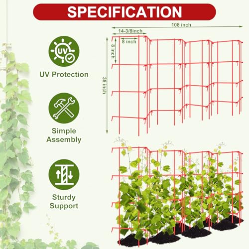 Blulu Sturdy Expandable Tall Pea Trellis Panel Folding Garden Trellis for Climbing Plants 9' x 39" H Multi Use Heavy Duty Outdoor Garden Peas Tomato Cucumber Steel Plant Support Red W/ 8" Grids