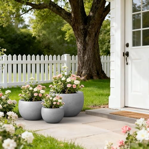 Kante Set of 3 Pale Gray Concrete Bowl Planters 20" 15.7" 11.8" Dia - color: Natural Concrete, size: 19.9"D + 15.7"D + 11.8"D