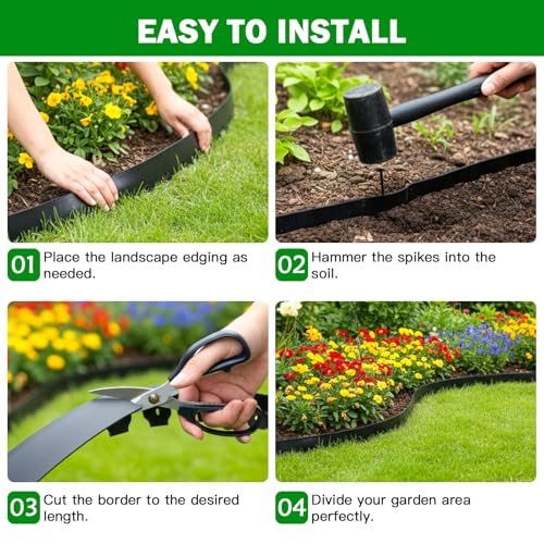 No Dig Landscape Edging 2 Inch x 40 FT, Heavy Duty Flexible Plastic Garden Border with 50 Spiral Spikes, Lawn Edging for Flower Beds, Walkways, Tree Rings, Mulch Beds and Landscaping, Black - style: 2 Inch × 40FT