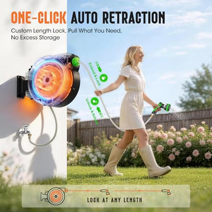 Retractable Garden Hose Reel 1/2" x 100ft, Wall Mounted Water Hose Reel with Auto Rewind, Any Length Lock, 180° Swivel Bracket & 9-Pattern Spray Nozzle, Heavy Duty Outdoor Hose Storage for Garden - color: Green
