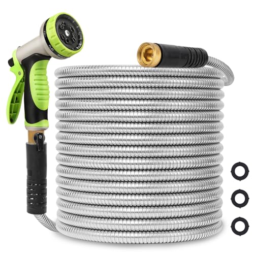 Metal Garden Hose 25ft Stainless Steel Hose Heavy Duty Flexible Water Hose with 10 Way Spray Nozzle 3/4 Solid Brass Fittings-Outdoor Yard Lightweight No Kink Leak Resistant Water Pipe - size: 25FT
