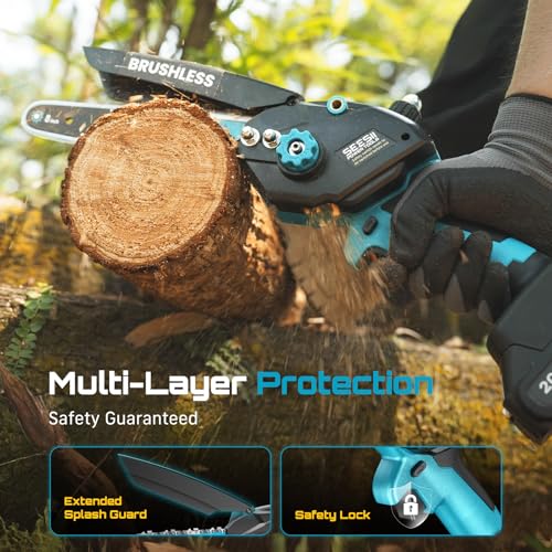 SEESII 8 Inch & 6 Inch Mini Chainsaw Cordless with 2 Batteries & Auto Oiler - color: Blue