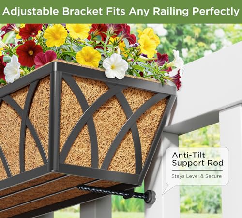 Y&M 4 Pcs 30'' Deck Railing Planters Outdoor Balcony, Large Metal Window Box Deck Railing Planter with Coco Liner for Outdoor Balcony Porch Fence Patio Rail - size: X - 30in 4p