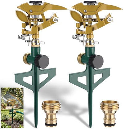 LemonRoad 2 Pack Impact Sprinkler for Yard on Spike Base, Heavy Duty Metal Impact Sprinkler Head with 360° Adjustable Spray for Large Area Lawn & Yard Irrigation