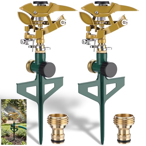 LemonRoad 2 Pack Impact Sprinkler for Yard on Spike Base, Heavy Duty Metal Impact Sprinkler Head with 360° Adjustable Spray for Large Area Lawn & Yard Irrigation