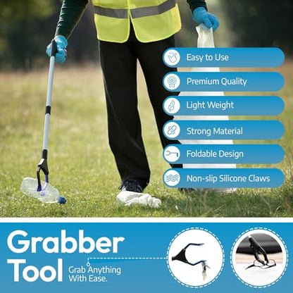 FitPlus 2024 Upgrade PowerGrip T9, Grabber Reacher Tool, Wide Jaw, Foldable, Steel Cable, with 96 Grip Points for Firm Grip, 32" with Magnet - color: Blue