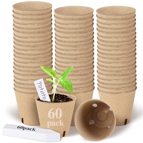 Peat Pots,60 Pcs 3.15 Inch Seed Starting Pots with Drainage Holes Round Nursery Plants Pots with Bonus 20 Plant Labels (3.15 Inch) - size: 3.15 Inch