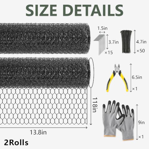 2Roll 13.8x118in Plant Protectors from Animals, Metal Mesh Plant Cages for Outdoor Plants Chicken Wire Cloche Wire Mesh for Garden Fence Kit (Black) - color: Black