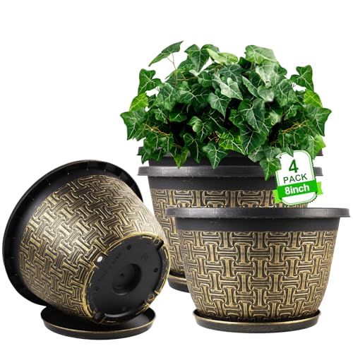 Nooulap 8 Inch Plant Pots, 4 Pack Flower Pot Outdoor - color: Gold 4-pack, size: 8 inch