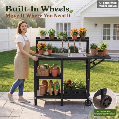 YEFU Potting Bench with Sink, All-Weather Resistant,Black - color: Black, size: Premium