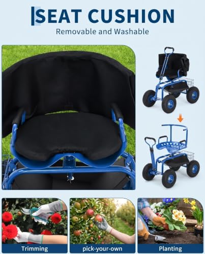 Garvee Heavy Duty Garden Cart, Garden Scooter Rolling Workseat - color: Blue With Backrest