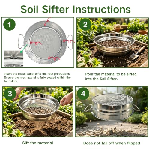 Soil Sifter for Gardening with Handles, Rock Sifter Fits 5 Gallon Bucket with 4 Replaceable Screens, Compost Sifter Dirt Sifter, Captures Dirt Rocks Sawdust