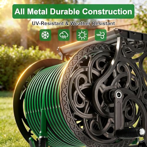 Garden Hose Reel Wall Mount Metal, Holds 125 ft x 5/8" Decorative Water Hose Holder for Outside Storage, Heavy Duty Aluminum Frame w/Shelf, No-Leak Aluminum Water System, Easy Assmbly, Dark Bronze