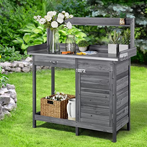 Yaheetech Potting Bench Outdoor Potting Table with Storage,Gray - color: Gray
