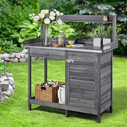 Yaheetech Potting Bench Outdoor Potting Table with Storage,Gray - color: Gray