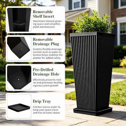 24" Tapered Tall Planters for Outdoor Plants with Tray&Shelf, Black - color: Black2-smooth