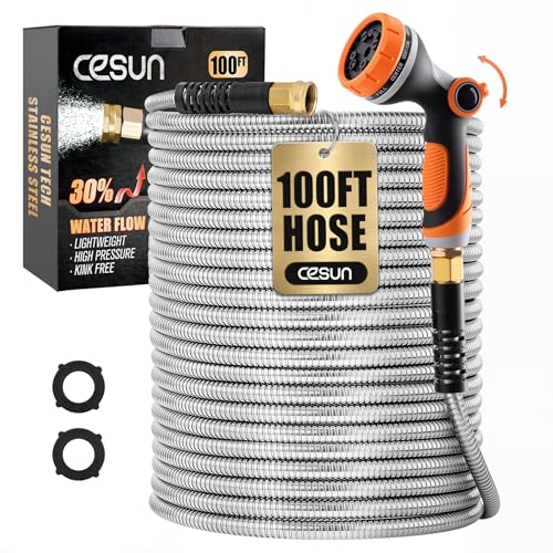 Cesun 100 ft Metal Garden Hose with 10 Function Nozzle, 100 foot x 5/8" - size: 100ft Male to Female
