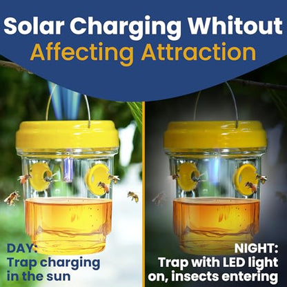 Solar Wasp Traps Outdoor Hanging 3 Pack Reusable Catcher with LED Light for Yellow Jackets Hornets Bees Flies Patio Porch Garden Backyard