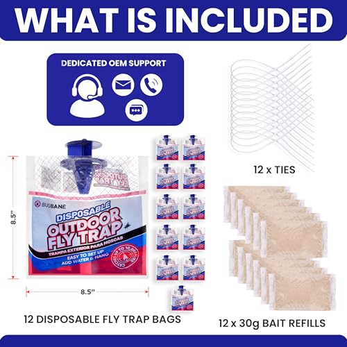 Fly Traps Outdoor Fly Trap for Patio. 12 Non-Toxic Pre-Baited Flies Bags Outdoor Disposable. Hanging Bug Catchers for All Filth Flies Killer for Outside Bug Control in Yard Horse Ranch Trash Can. - size: 12pk