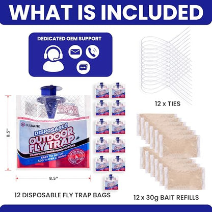 Fly Traps Outdoor Fly Trap for Patio. 12 Non-Toxic Pre-Baited Flies Bags Outdoor Disposable. Hanging Bug Catchers for All Filth Flies Killer for Outside Bug Control in Yard Horse Ranch Trash Can. - size: 12pk