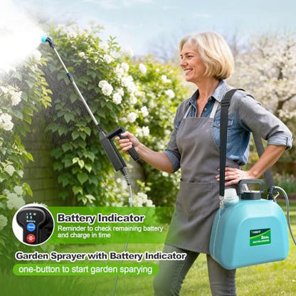 VAXMAY Battery Powered Sprayer 2 Gallon, Upgrade Electric Garden Sprayer with 3 Adjustable Speed, Battery Indicator, 4 Mist Nozzles, Rechargeable Handle, Retractable Wand, Shoulder Strap for Weed Lawn - color: Blue