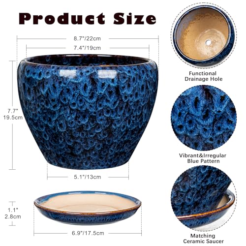 Hollyone 9inch Ceramic Planter Blue Ceramic Plant Pot for Plants Flowers with Drainage Hole and Saucers Ceramic Glaze Round Flower Plant Pot for Indoor Outdoor Large Round Succulent Orchid Flower Pot - size: 9 Inch (Single)