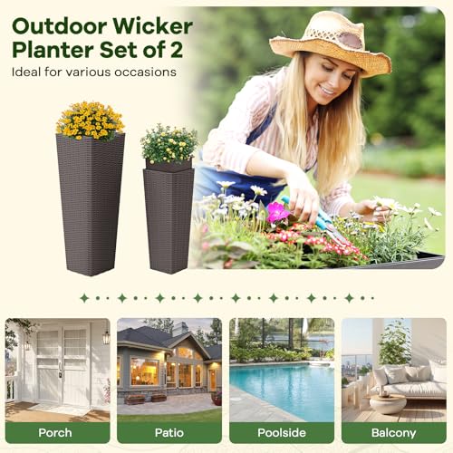 HAPPYGRILL Rattan Tall Planter Set of 2 with Removable Inner Trays - color: Brown