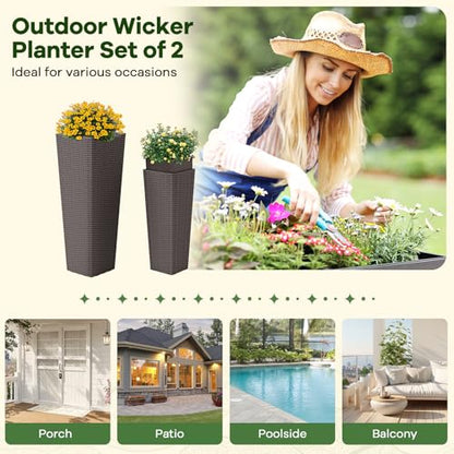 HAPPYGRILL Rattan Tall Planter Set of 2 with Removable Inner Trays - color: Brown