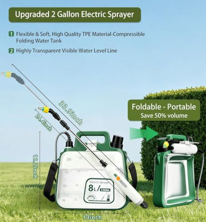 Battery Powered Garden Sprayer 2 Gallon, Upgrade Electric Sprayer with Waterproof Rechargeable Handle