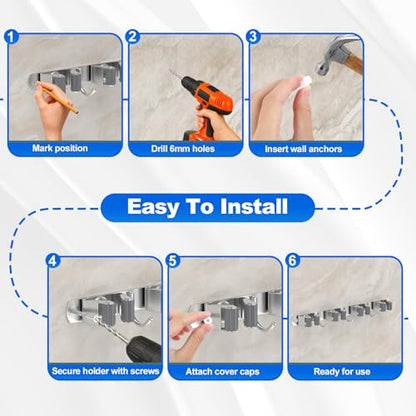 2 Pack Broom Holder Wall Mount Mop Organizer, 4 Racks 3 Hooks