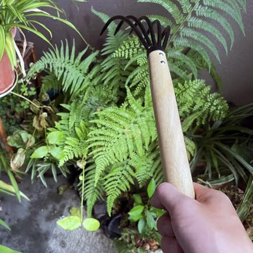 Garden Rake, 15 Inch Steel Tine Rake with Solid Wood Handle