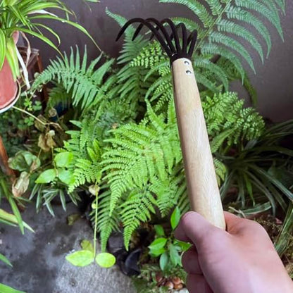 Garden Rake, 15 Inch Steel Tine Rake with Solid Wood Handle