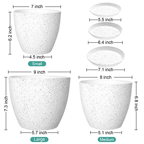 Vanavazon Plant Pots 9/8/7 Inch Set of 3 Flower Pots Indoor Outdoor Plastic Planters with Drainage Hole and Tray (Speckled White) - color: White