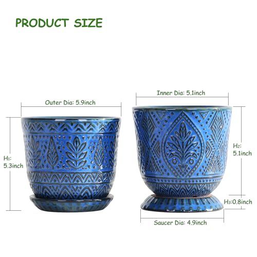 Gepege Ceramic Plant Pots, 6 Inch Indoor Planters with Drainage & Saucers - color: Blue-b, size: 6 Inch - Set of 2