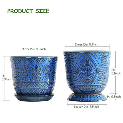 Gepege Ceramic Plant Pots, 6 Inch Indoor Planters with Drainage & Saucers - color: Blue-b, size: 6 Inch - Set of 2