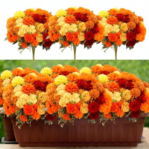 XunYee 12 Pcs Fall Artificial Flowers for Outdoor,Assorted Faux Mums - color: Vintage