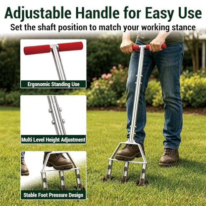 PPZ Manual Core Aerator Lawn Tool with 3 Hollow Tines for Compacted Soil