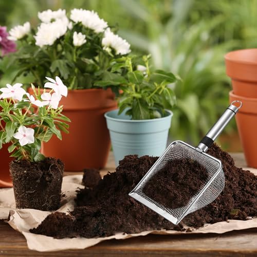 M METERXITY 1-Pack Gardening Soil Sifter, 3.8 mm Mesh Stainless Steel Sand Soil Compost Sieve with Stainless Steel Handle for Sand/Dirt/Rock Compost, Screen Potting Scoop [Silver Tone] - size: 3.8 mm
