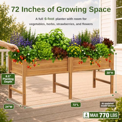 YEFU 72" Large Raised Garden Bed, Wood-Look HIPS 6ft Extra Large Bed, Teak - color: Teak, size: 72"×24"×30"