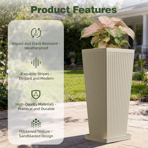 Square Tall Planters for Outdoor Plants with Tray - 24" Beige 2Pack - color: Beige-sandblasting
