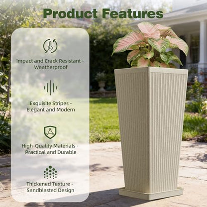 Square Tall Planters for Outdoor Plants with Tray - 24" Beige 2Pack - color: Beige-sandblasting