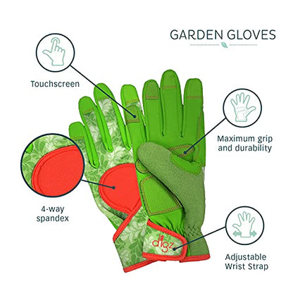 Digz Gardening Gloves, Garden Gloves for Women - color: Green Leaves Pattern, size: Medium