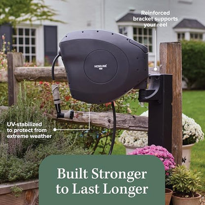 HOSELINK Classic Charcoal 100ft Automatic Retractable Garden Hose Reel, 1/2" UV-Stabilized Kink-Free Hose, Wall Mounted Complete Watering Solution for Backyard, Garden & Outdoor - size: 100ft 1/2" Hi-Flow