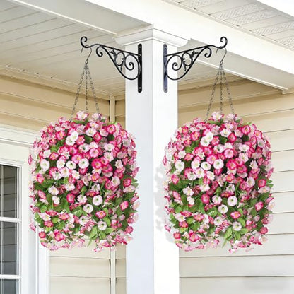 Artificial Flowers with Hanging Basket, Outdoor Faux Plants UV Resistant - color: Pink
