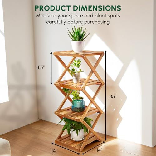 BEEFURNI 4-Tier Foldable Acacia Wood Ladder Plant Stand & Corner Rack