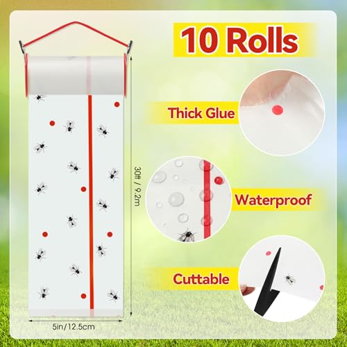 10 Rolls Sticky Fly Trap 30 ft Each, White - color: White