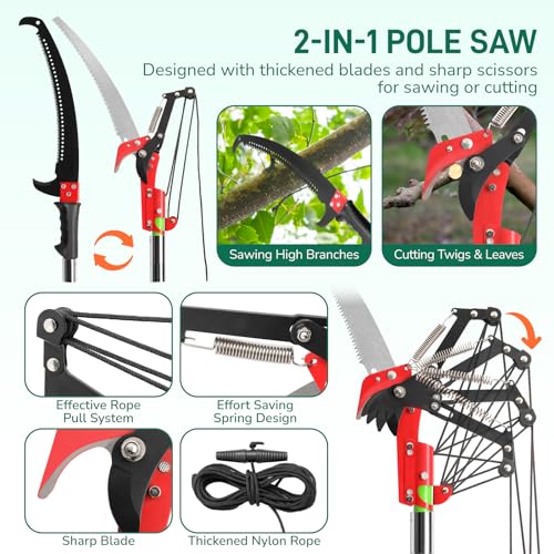 Outvita Manual Pole Saw, 24 Feet Extendable Tree Pruner with Knives and Storage Pocket, Sharp Steel Blade and Scissors High Branches Trimming for Pruning Palms and Shrubs(Green) - color: Green, size: 24 feet